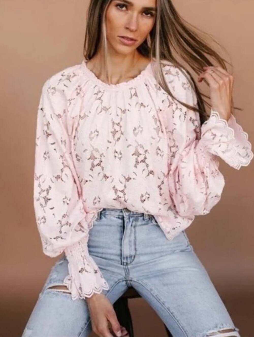 FREE PEOPLE Olivia Lace Top w/Dolman Balloon Poet Sleeves Pink Blush Size M
